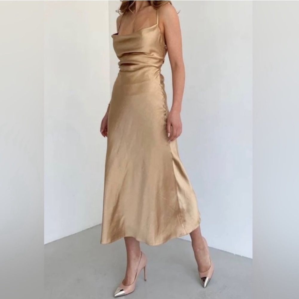 Tan Satin Cowl Neck Dress with Spaghetti Straps